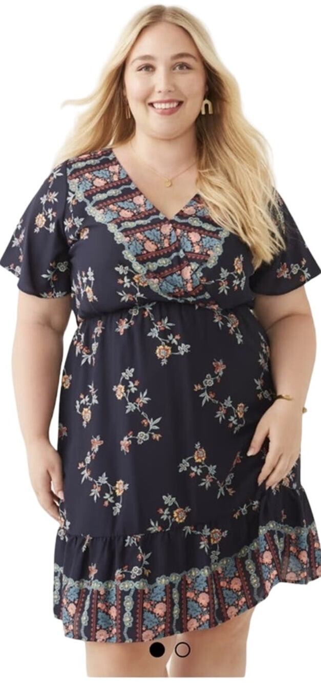 Dia & Co. West K.E.I. Nyla Wrap Front Mini Dress, Navy Floral Plus Size 1X, NWT